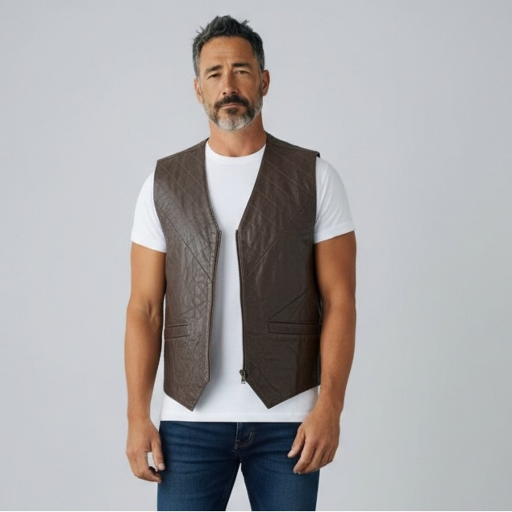 American Armor Vintage Mens Brown Leather Quilted Vest‎ Large
